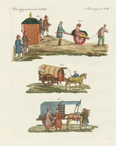 Chariot et mode de voyage en Chine (gravure en couleur)