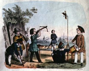 Enfants tirant sur une cible avec une arquebuse, vers 1860 - German School