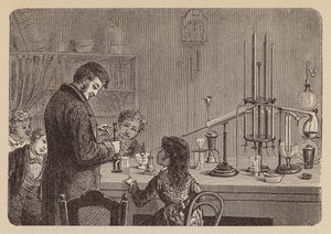 Enfants regardant une expérience scientifique (gravure)