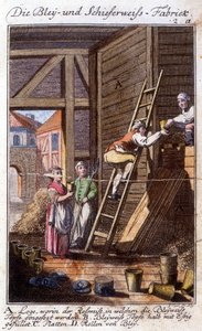 Artisanat : le fabricant de céruse dans son atelier. Dans « Description complète des arts et métiers et ateliers pour les jeunes » par Johan Peter Vue. Éd. Nuremberg, Weigel et c - German School