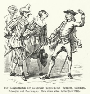 Dottore, Pantalone, Arlecchino et Scaramuccia, quatre personnages de la Commedia dell