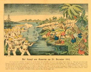 Soulèvement de Douala au Cameroun allemand, avec le SMS Olga en arrière-plan, 20 décembre 1884