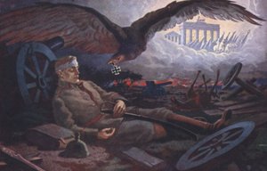 Aigle remettant la Croix de fer à un soldat allemand tombé sur le champ de bataille (lithographie couleur) - German School