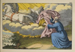 Élie monte au ciel dans un tourbillon laissant son disciple Élisée continuer son œuvre, illustration de L
