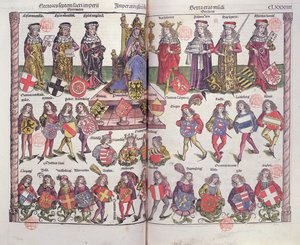 Empereur et électeurs du Saint-Empire romain germanique avec vingt-quatre nobles allemands présentant leurs armoiries