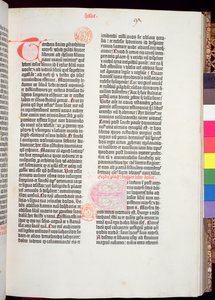Fin du Pentateuque et début du Livre de Josué, de la Bible de Gutenberg, imprimée par Johannes Gutenberg et Peter Schoeffer à Mayence, 1454-56