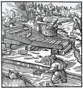 Gravure de De re metallica (Sur la nature des métaux), par Georg Pawer ou Georgius Agricola (1494-1555) - German School
