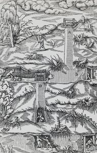 Gravure de De re metallica (Sur la nature des métaux), par Georg Pawer ou Georgius Agricola (1494-1555), publiée à Bâle