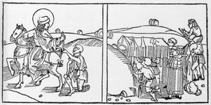 Épisodes de la vie de Saint Martin. Gravure du « Leben der Heiligen - sommerteil » (Le livre des saints) par Jacobus (James) de Voragine (1228-1298). Lübeck 1488 - German School