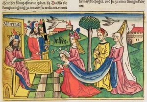 Esther 2:15-18 Esther est choisie pour être reine par le roi perse Assuérus, de la Bible de Nuremberg (Biblia Sacra Germanaica) - German School