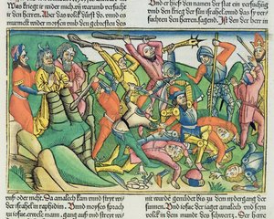 Exode 17:8-15 Aaron et Hur soutiennent les mains de Moïse pour assurer la victoire des Israélites sur les Amalécites, de la Bible de Nuremberg (Biblia Sacra Germanaica)