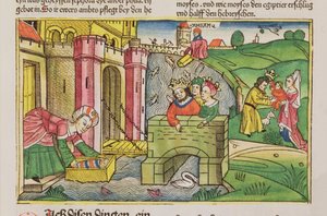 Exode 2 1-6 Moïse flottant sur le Nil et découvert par une des épouses de Pharaon, de la Bible de Nuremberg (Biblia Sacra Germanaica)