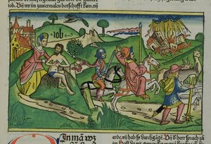 Fac-similé de Job : Frontispice, Job réprimandé par sa femme, sa maison et sa famille détruites par un ouragan et son bétail volé, de la Bible de Nuremberg (Biblia Sacra Germanaica)