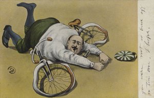 Homme gros, tombé de son vélo (lithographie en couleur) - German School