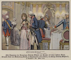 Première rencontre du prince héritier Frédéric-Guillaume de Prusse et de sa future épouse, la princesse Louise de Mecklembourg-Strelitz au quartier général de son père, le roi Frédéric-Guillaume II, à Francfort - German School