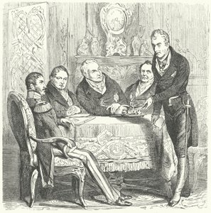 Frédéric-Guillaume III de Prusse en discussion avec son Premier ministre, Karl August von Hardenberg, et Klemens von Metternich, ministre des Affaires étrangères autrichien - German School