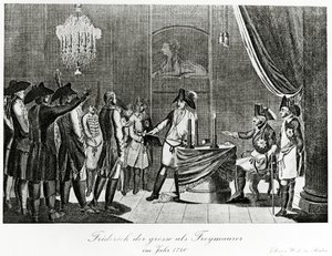 Frédéric le Grand reçoit son beau-frère, Frédéric, margrave de Brandebourg-Bayreuth, en tant que franc-maçon à Berlin en 1740 - German School