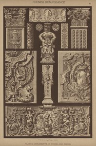 Renaissance française, Ornements en plastique en pierre et bois (lithographie en couleur) - German School