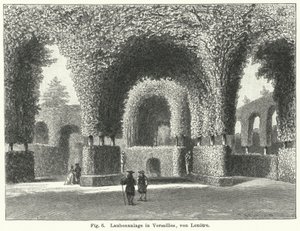 Conception de jardin : tonnelles dans les jardins de Versailles, France, aménagés par André le Nôtre au XVIIe siècle (gravure) - German School