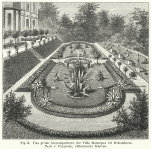 Conception de jardin : grand parterre à Monrepos, domaine du banquier et astronome amateur Heinrich Eduard von Lade, Geisenheim, Allemagne (gravure) - German School