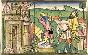 Genèse 11:1-9 Construction de la Tour de Babel, de la Bible de Nuremberg (Biblia Sacra Germanaica) - German School
