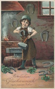 Carte de vœux allemande pour le Nouvel An (lithographie en couleur) - German School