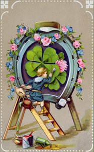 Carte postale allemande représentant des porte-bonheur, envoyée de Hongrie le 21 mai 1911