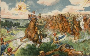 Cavalerie allemande sous le commandement du prince héritier Wilhelm attaquant les troupes françaises près de Longwy, France, Première Guerre mondiale. - German School