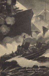Croiseur allemand éperonnant un torpilleur britannique, Première Guerre mondiale (litho) - German School