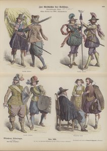 Costumes militaires et bourgeois allemands, début du 17ème siècle (gravure en couleur) - German School