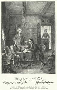 Le philosophe et dramaturge allemand discutant de religion avec Moses Mendelssohn et Johann Kaspar Lavater (gravure) - German School