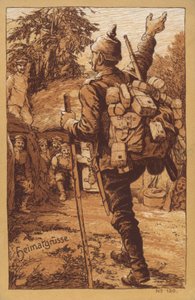 Soldat allemand portant du courrier et recevant un accueil chaleureux à son retour dans son unité (litho)