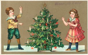 Fille et garçon avec arbre de Noël - German School