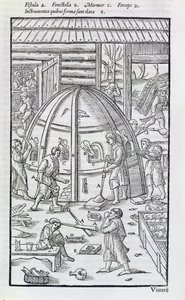 Travail du verre, illustration montrant le four à marbre et les souffleurs de verre - German School