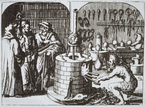 Philosophes hermétiques et un alchimiste, du Museum Hermeticum par Michael Majer (1625) illustré dans une histoire de la magie publiée à la fin du 19e siècle - German School