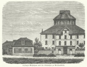 Maison du philosophe et dramaturge allemand Gotthold Ephraim Lessing et la bibliothèque de Wolfenbüttel (gravure) - German School