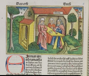 1 Samuel 1:8 Elkanah réconforte Hannah, de la Bible de Nuremberg (Biblia Sacra Germanaica)