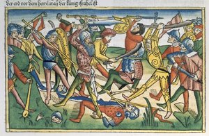 1 Samuel 28:1-2 Les Philistins font la guerre à Israël, de la Bible de Nuremberg (Biblia Sacra Germanaica) - German School