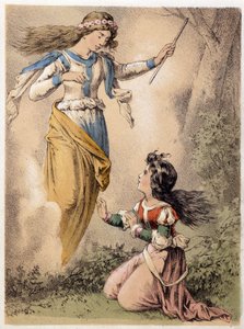 Illustration des contes de Franz Hoffmann « Contes et Fables - Les 3 cadeaux » : le souhait exaucé par une fée. Chromolithographie du XIXe siècle. - German School