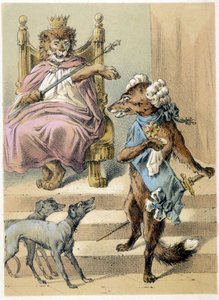 Illustration des contes de Franz Hoffmann « Contes et Fables - Le Renard » : Un renard parlant devant le Roi Lion. Chromolithographie du XIXe siècle. - German School