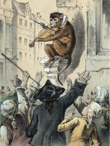 Illustration des contes de Franz Hoffmann "Contes et Fables - Le singe et le violon": un singe jouant du violon devant une foule. Chromolithographie du 19ème siècle.