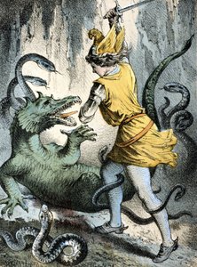 Illustration des contes de Franz Hoffmann "Contes et Fables": "Von Wunderhold und Tausendschön" (un homme tuant un monstre ou un dragon). Chromolithographie du 19ème siècle. - German School