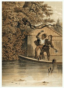 Illustration de la conquête du fleuve Amazone par les Européens. dans « De Bootslieden der Amazon-River », Karl Muller, Pays-Bas - German School