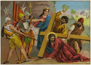 Jésus tombant sous le poids de sa croix sur le chemin de sa crucifixion (litho couleur) - German School