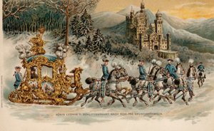 Le roi Louis II de Bavière se rendant au château de Neuschwanstein dans un traîneau doré (chromolitho) - German School