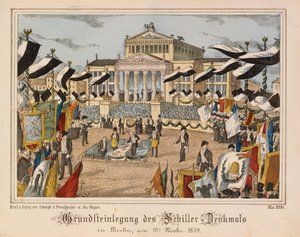 Pose de la première pierre du monument Schiller au Gendarmenmarkt, Berlin, 10 novembre 1859, avec le Schauspielhaus en arrière-plan, de Neuruppiner Bilderbogen, publié par Oehmigle & Ri