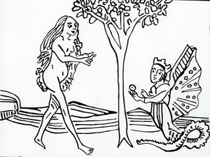 Lilith, ailée et couronnée, avec une queue de serpent, offre la pomme à Ève, de 
