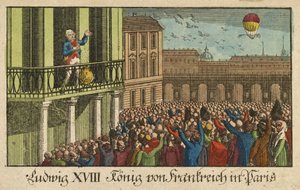 Louis XVIII Roi de France à Paris, pub. 1814 (gravure coloriée à la main)