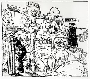 Luther (1483-1546) et Hus (1369-1415) avec le Christ dans la bergerie, c.1520-21