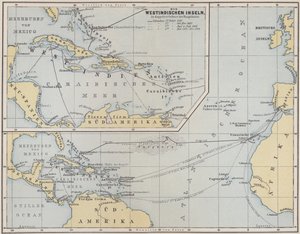 Carte montrant les voyages de Christophe Colomb, 1492-1504 - German School
